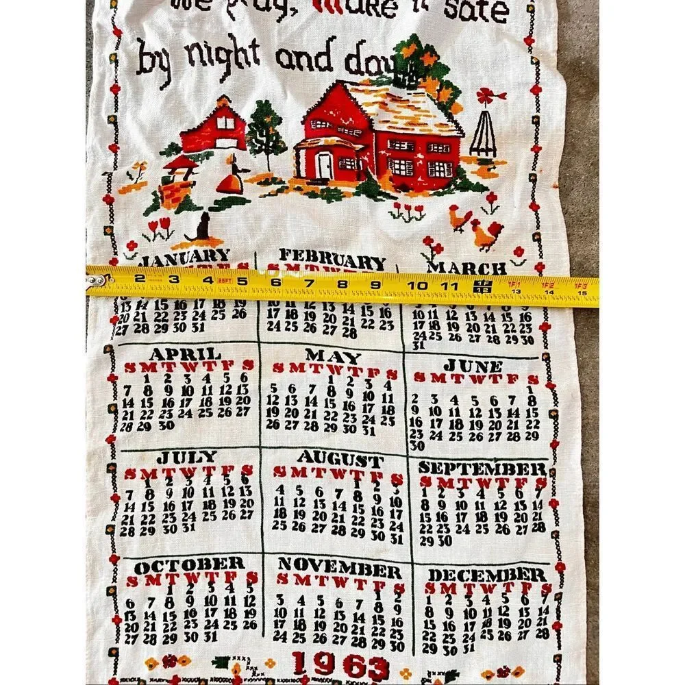 Vintage 1963 Linen Kitchen Towel/Calendar Farm Country Cottage Scene & Prayer